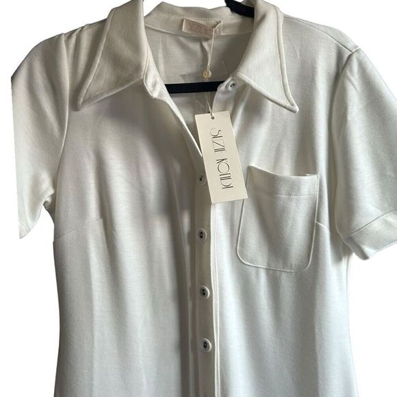 NWT Suzie Kondi Ivory Ponte Short Sleeve Stretch Flare Leg Jumpsuit Size Medium - Picture 7 of 9